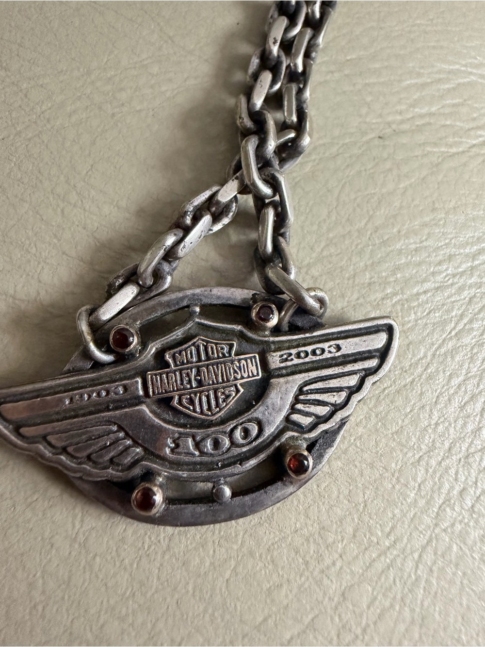 Harley-Davidson Silver Winged 100th Anniversary Pendant with Dark Red Accents
